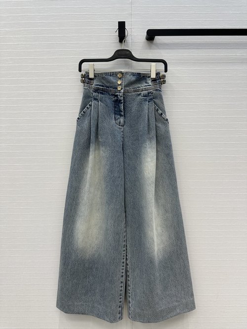 Zimmermann Pleated Three-Button Denim Wide-Leg Pants