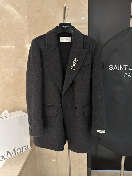 Yves Saint Laurent Hand-sewn Wool Suit with Timeless Design and Complimentary Gold-plated Brooch