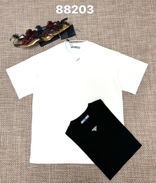 Prada White and Black Cotton Triangular Iron Plate T-Shirt