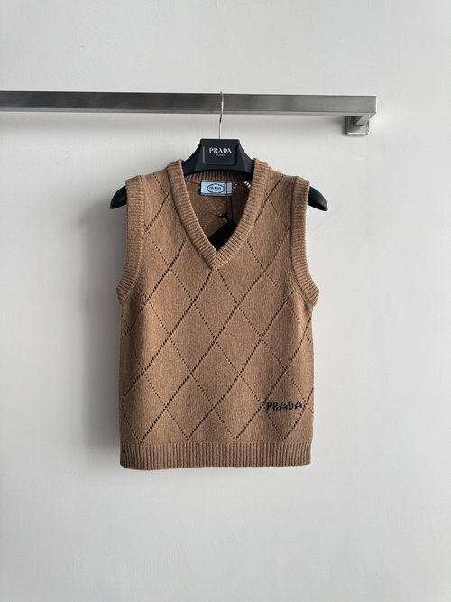 Prada Classic V-Neck Checked Knit Vest with Logo