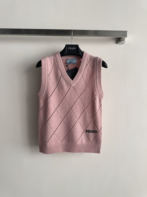 Prada Classic V-Neck Checked Knit Vest with Logo