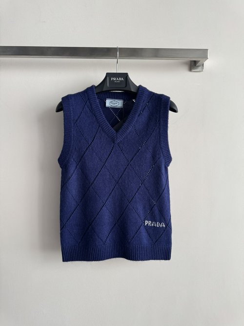 Prada V-Neck Slim-Fit Checked Knit Vest with Logo