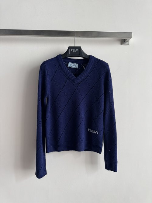 Prada V-Neck Slim-Fit Checked Knitwear with Logo