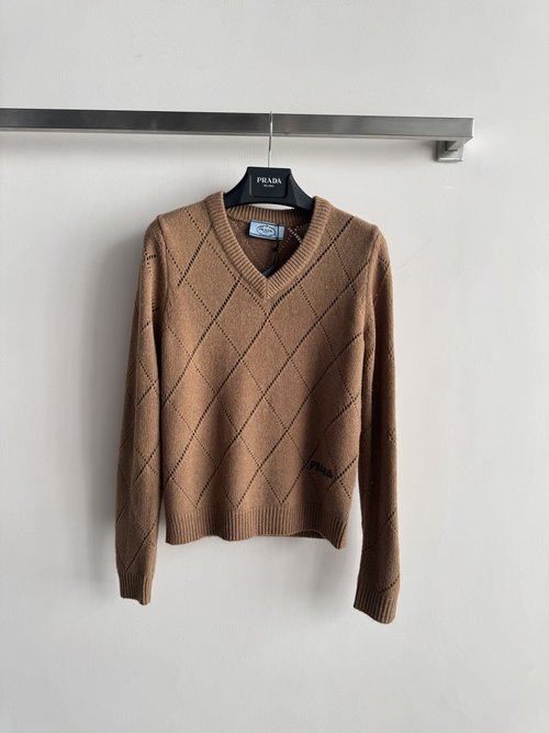 Prada V-Neck Slim-Fit Checked Knitwear with Logo