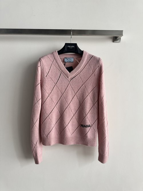 Prada V-Neck Slim-Fit Checked Knitwear with Logo