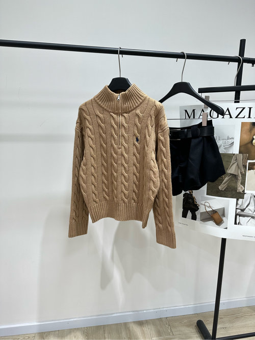 Polo Ralph Lauren Camel Half-Zip Cable-Knit Sweater with Horse Embroider