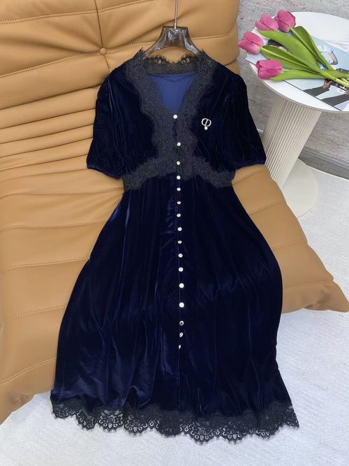 Dior Elegant Navy Velvet Dress with Lace and Buttons