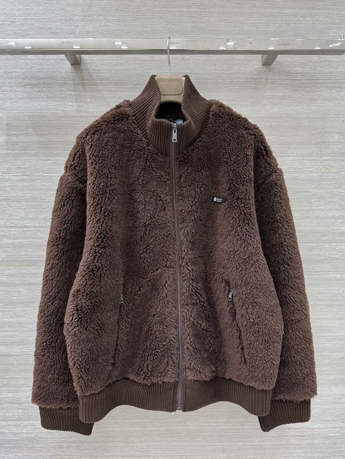 Prada Teddy Bear Fleece Baseball Jacket, Comfortable and Versatile