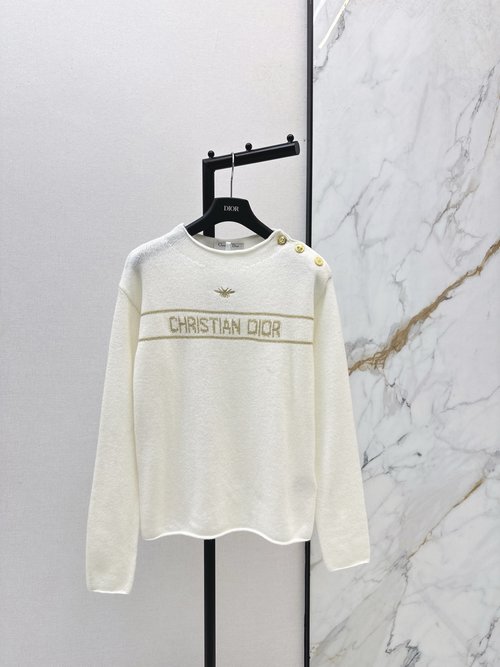 Dior Christmas Platinum Bee Embroidery Cashmere Sweater, H-Line Silhouette