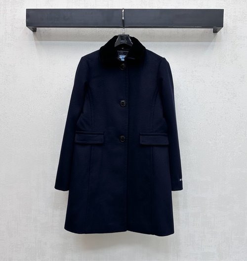 Prada Detachable Collar Woolen Coat with Velvet Trim and Logo