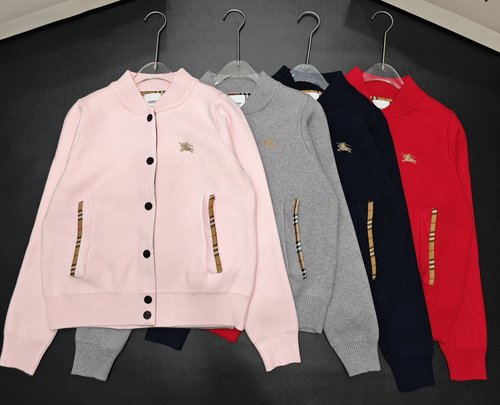 Burberry Knight Embroidered Stand Collar Cardigan with Grid Trim