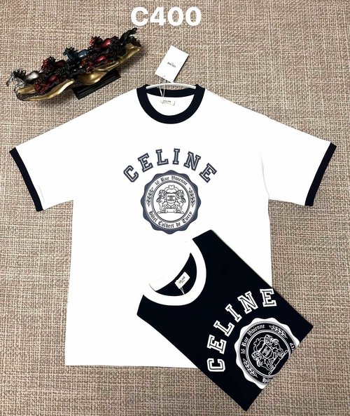 Celine Sapphire and White Cotton Print Plain Weave T-Shirt