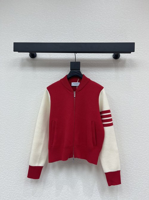 Thom Browne Customized Zip-Front Knitted Cardigan with Contrast Stripes
