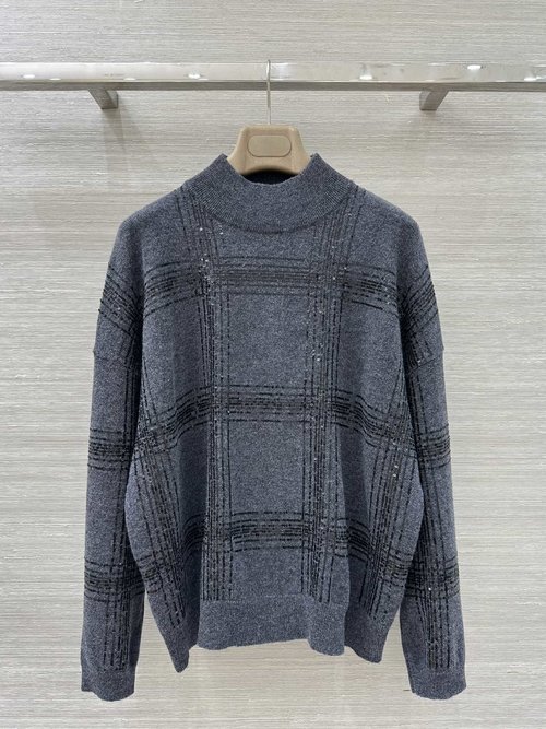 Brunello Cucinelli High-End Ready-to-Wear Italian Checked Beaded Cashmere Sweater