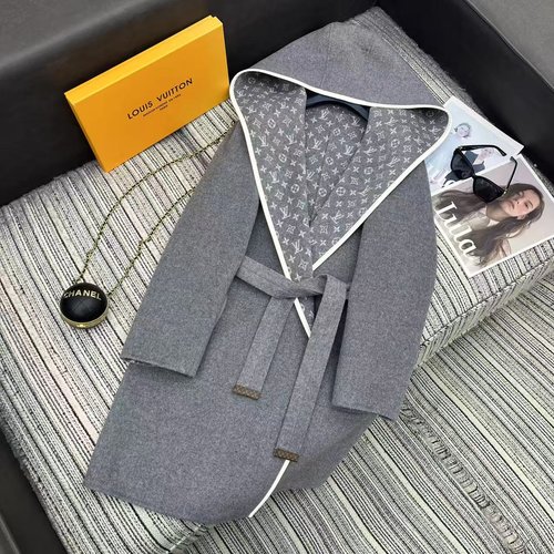 Louis Vuitton Double-sided Woolen Hooded Coat with Timeless Floral Pattern