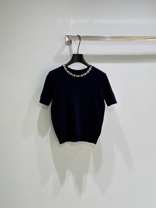 Prada Jeweled Short-Sleeve Wool-Cashmere Sweater