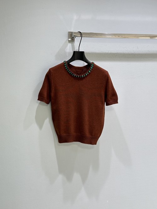 Prada Jeweled Short-Sleeve Wool-Cashmere Sweater