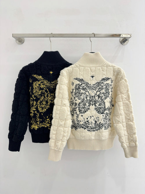 Dior Beige Checkered Butterfly Embroidered Knit Cardigan