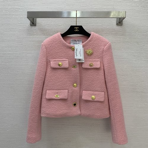 Schiaparelli Classic Button Short - Collared Long - Sleeve Padded Coat with Pin