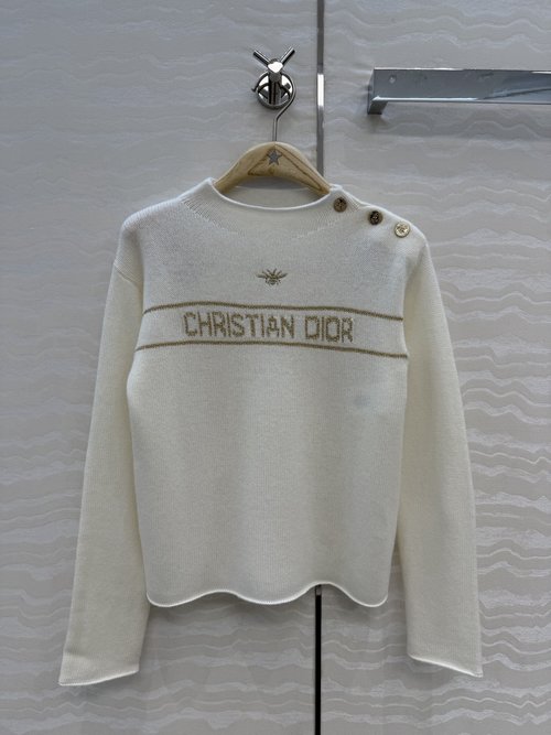 Dior Premium Embroidered Bee Cashmere Long Sleeve Sweater with Shoulder Buttons