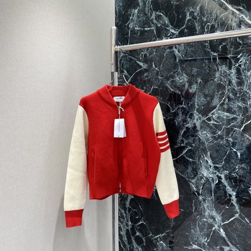 Thom Browne Color-Blocked Knit Cardigan with Red Stripes, Retro American College Aesthetic