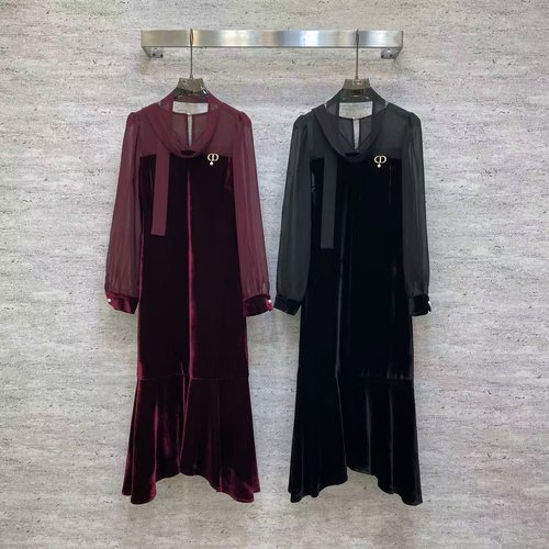 Dior Silk-Velvet Blend Dress with Tulle Sleeves and Fish Tail