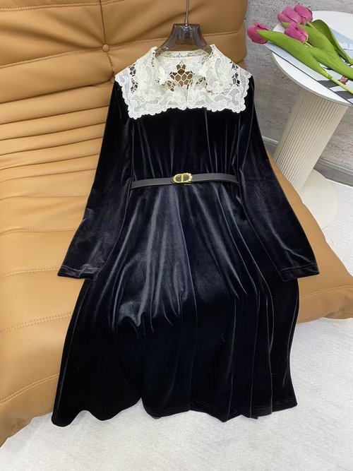 Dior Velvet Dress with Lace Collar and Waist Belt