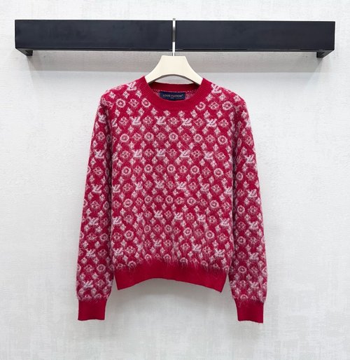 Louis Vuitton Round Neck Knit Long-Sleeve Top with All-Over Logo