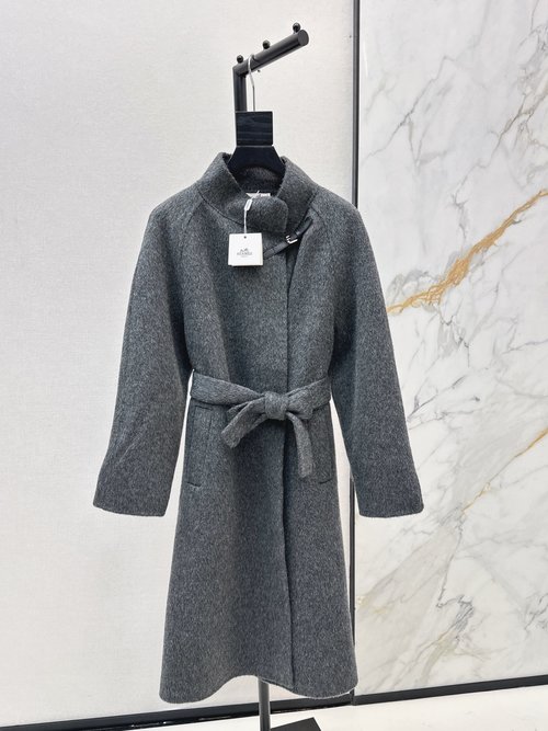 Hermes High-end Stand-up Collar Coat with Lace Embroidery and Elegant Look