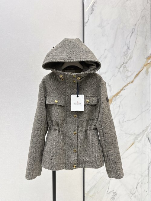 Moncler Drawstring Waist Mid-length Hooded Trench Coat in Custom Woven Fabric