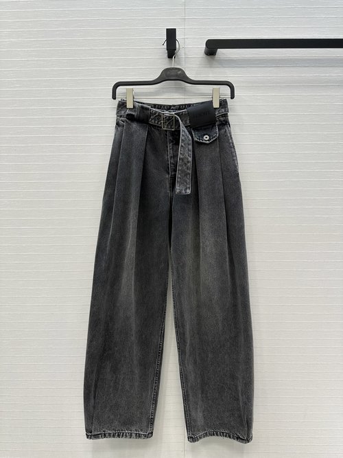 Loewe Double-Pleated Denim Trousers with Leather Tag