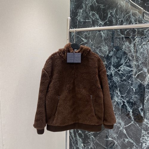 Prada Practical Lamb Fleece Hooded Jacket with Side Pockets and Logo