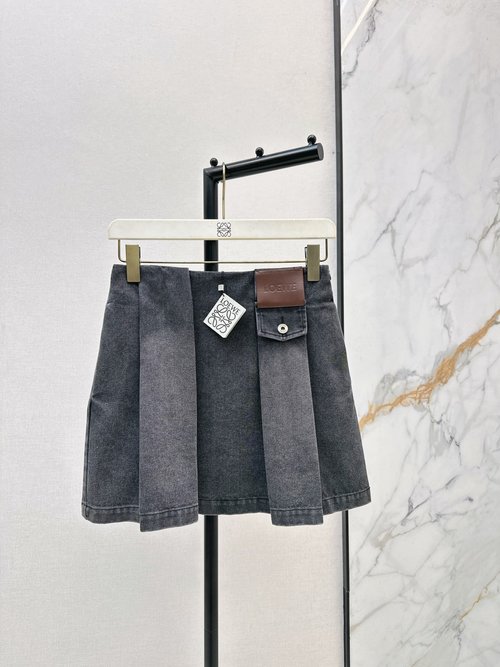 Loewe Retro Denim Skirt with Leather Badge and Pleats, Elegant and Comfortable