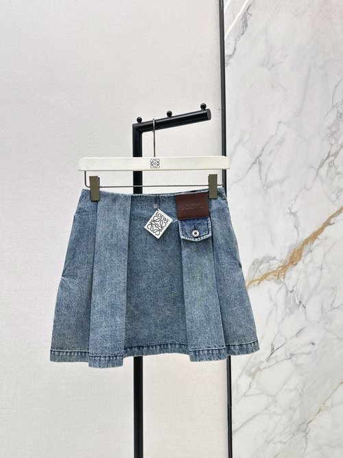 Loewe Vintage Denim Skirt with Leather Patch and Pleats, Crafted from High-Quality Cotton
