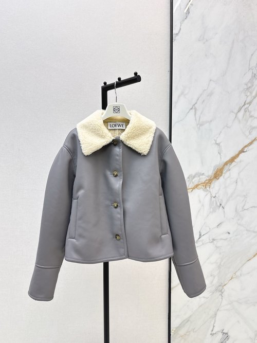 Loewe Low-Saturation Blue Eco-Fur Coat with Color-Blocked V-Neck Design