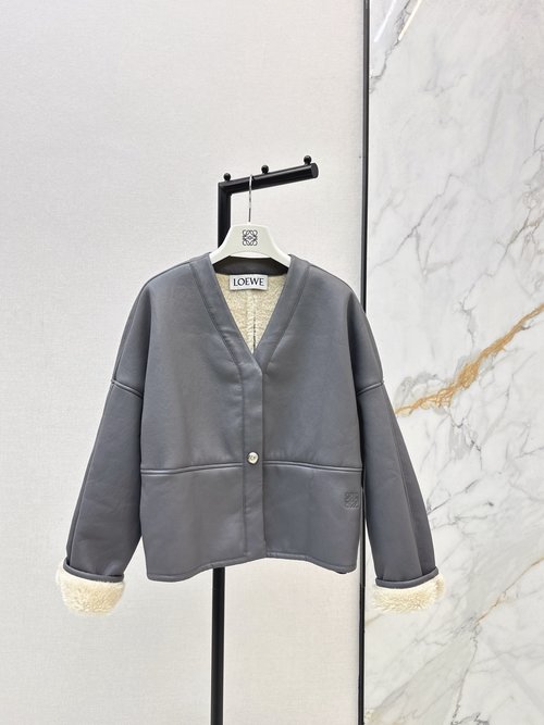 Loewe Eco-Friendly Faux Fur Jacket with V-Neck Button Design: Plush and Cozy