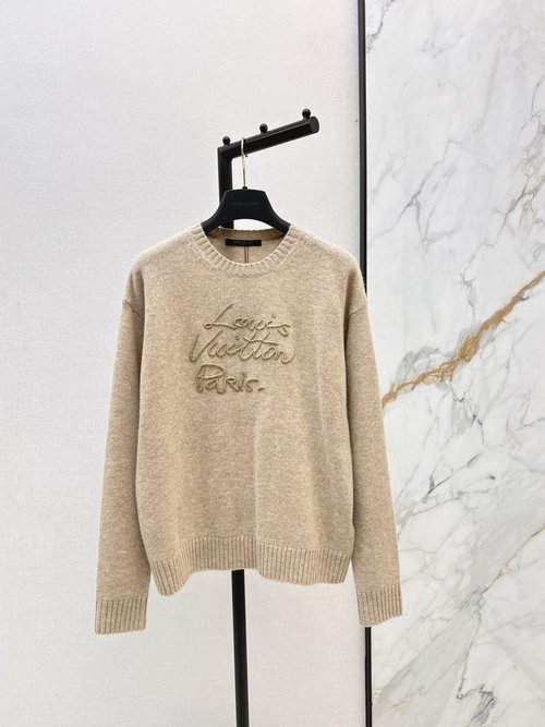 Louis Vuitton Cozy All-Cashmere Sweater Featuring 3D Brand Letter Embroidery