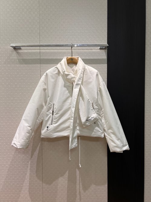 Dior Scarf-Decorated Ribbed Collar Short Cotton Jacket