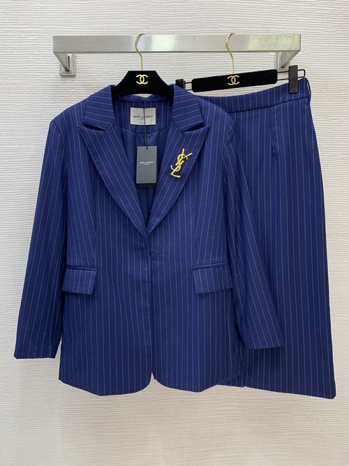 Yves Saint Laurent Sophisticated Vertical Striped Suit with Brooch