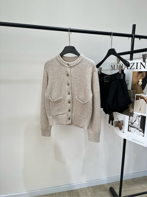 Loewe Oatmeal Wool Blend Crew Neck Cardigan, Loose and Comfortable