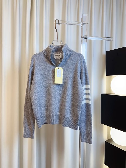 Thom Browne Four-Striped Classic Wool Half-Zip Turtleneck Top