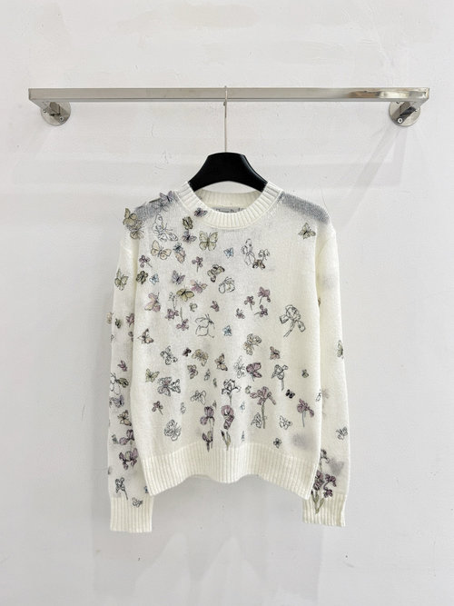 Dior Floral Butterfly Embroidered White Round Neck Sweater