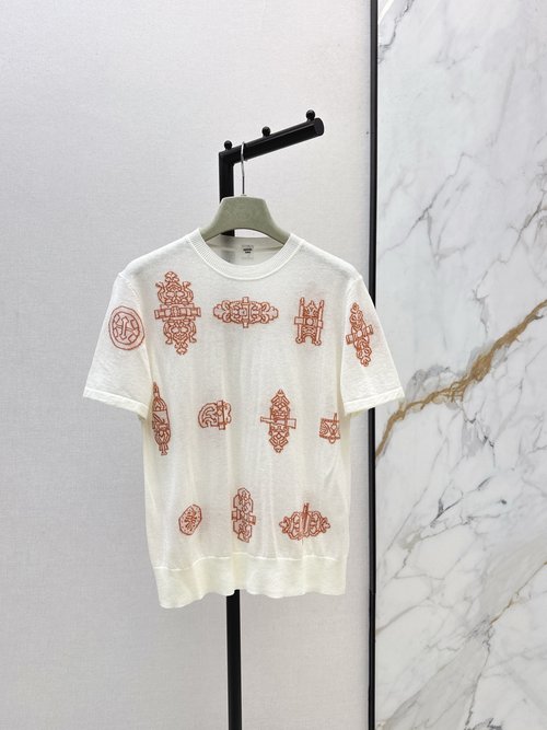 Hermes Stylish Soft Wool Jacquard Short-Sleeve Top