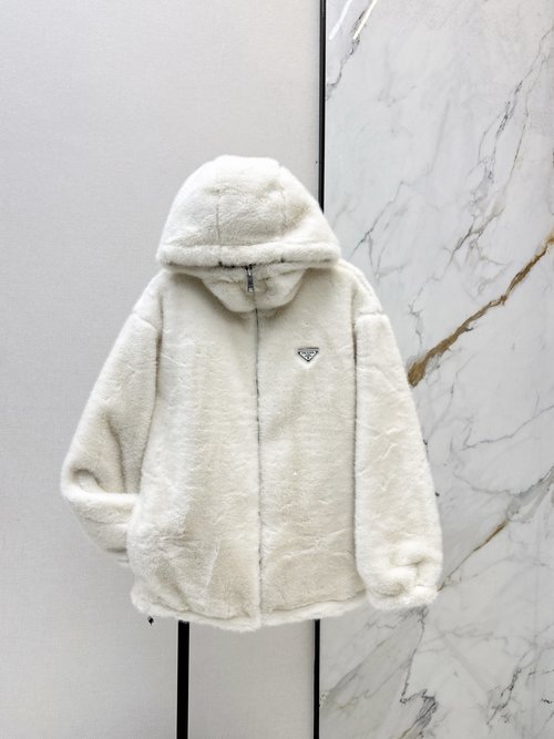 Prada Double - sided Eco - Fur Hooded Coat with Triangle Logo Decoration
