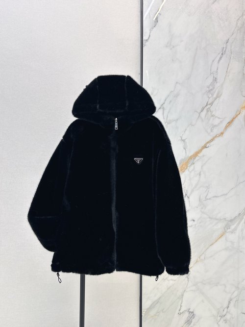 Prada Double - sided Eco - Fur Hooded Coat with Triangle Logo Decoration