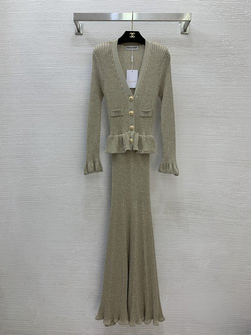 Prada Silver Threads Blended Knit Ruffled V-Neck Dress