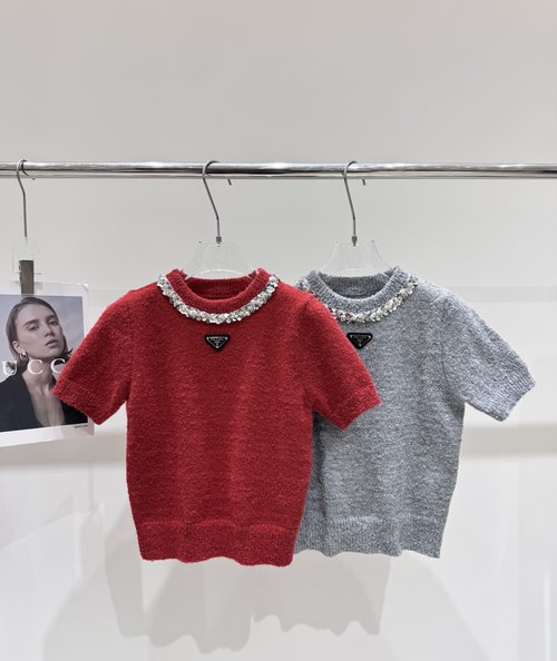 Prada New Arrival: Sequined Triangle Logo Round Neck Short Sleeve
