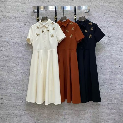 Dior Bees Embroidery Shirt-Collar Dress, Three Colors for Commuting