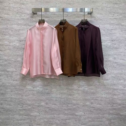 Dior Stand Collar Silk-like Blouse with Metal Buttons, Pink, Coffee & Purple