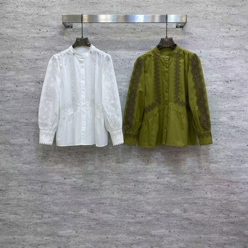 Dior Lace Collared Blouse with Puff Sleeves, White & Olive Green